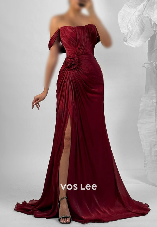 Burgundy Off the Shoulder Pleated Sheath Prom Dresses with Sweep Train