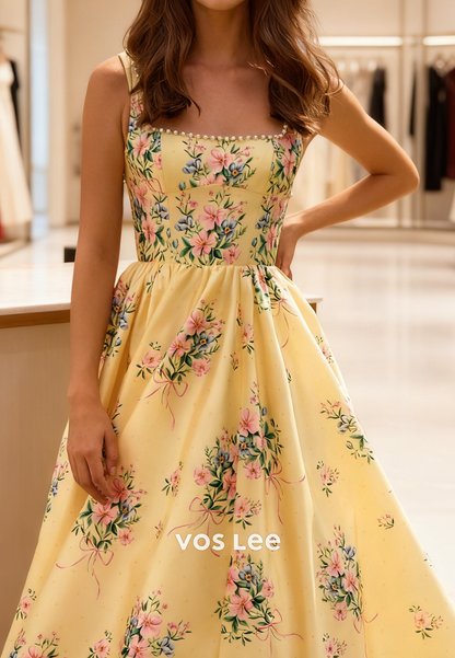 Square Neck Bead Pearls Print flowers Backless A Line Prom Dress