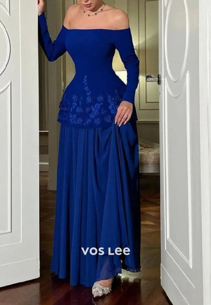 A-Line Long Sleeve Off the Shoulder Floor-Length Evening Dresses  Formal Dresses