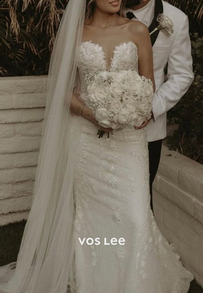 Strapless Sweetheart Lace Appliques Pleated Beach Mermaid Wedding Dresses with Court Train