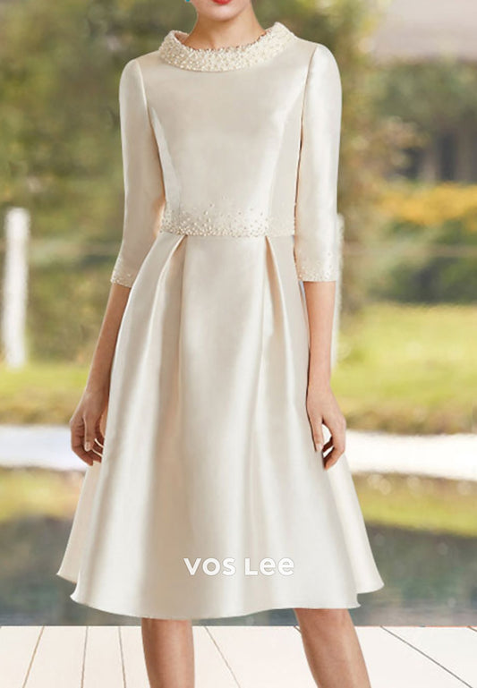 A-Line 3/4 Sleeve Scoop Pearl Embellished Tea-Length Mother of Bride Dresses