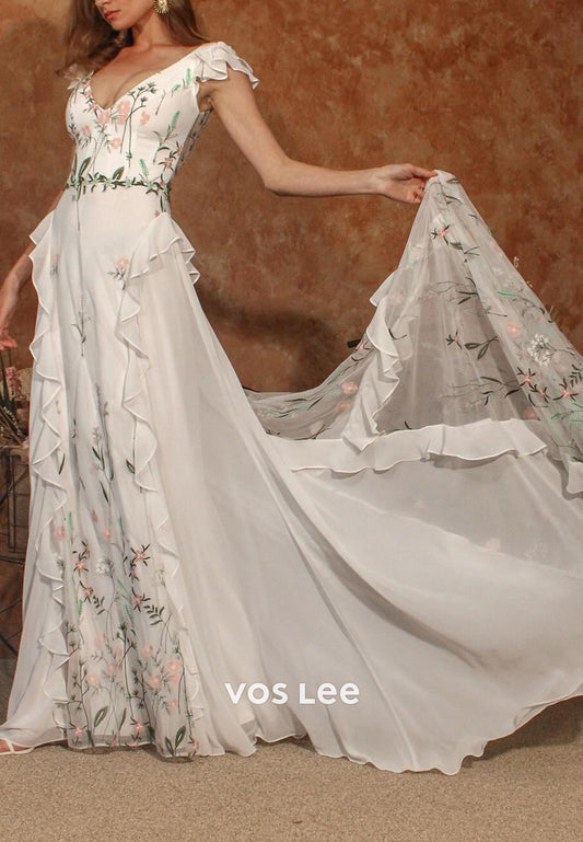 A-Line Cap Sleeves Flowers Embroidery Pleated Beach Wedding Dresses with Sweep Train
