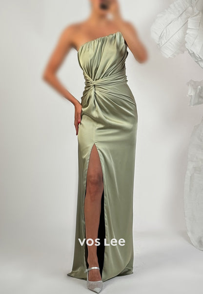 Classic & Timeless Strapless  Floor-Length Pleated Mermaid Evening Dresses with High Split