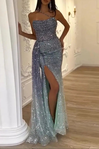 Luxury Blue One Shoulder Evening Dress with Overskirt