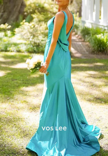 Simple & Casual Regular Straps V Neck Sheath Long Prom Dresses with Sweep Train