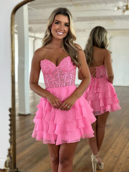 Stylish A Line Sweetheart Hot Pink Short Homecoming Dress with Appliques