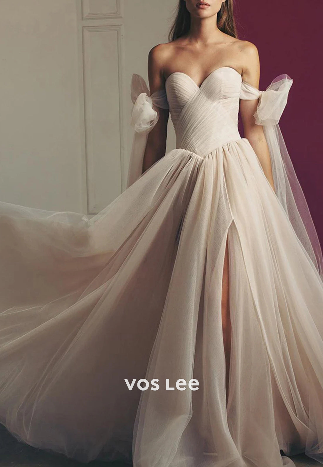 A-Line Off the Shoulder Bowknot Sweetheart Pleated Beach Wedding Dresses with High Split