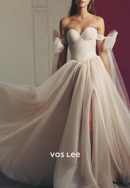 A-Line Off the Shoulder Bowknot Sweetheart Pleated Beach Wedding Dresses with High Split