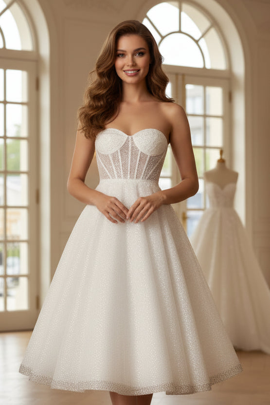 Sparkling White Sweetheart A-Line Strapless Beading Midi Wedding Dress