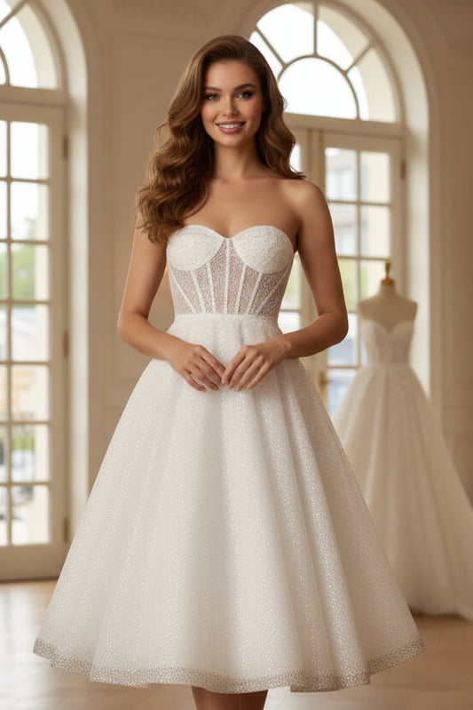 Sparkling White Sweetheart A-Line Strapless Beading Midi Wedding Dress