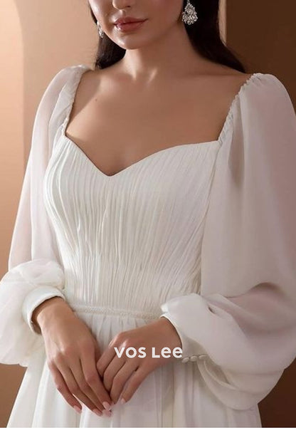 Classic A-Line Long Sleeve Off the Shoulder Pleated Wedding Dresses with Court Train