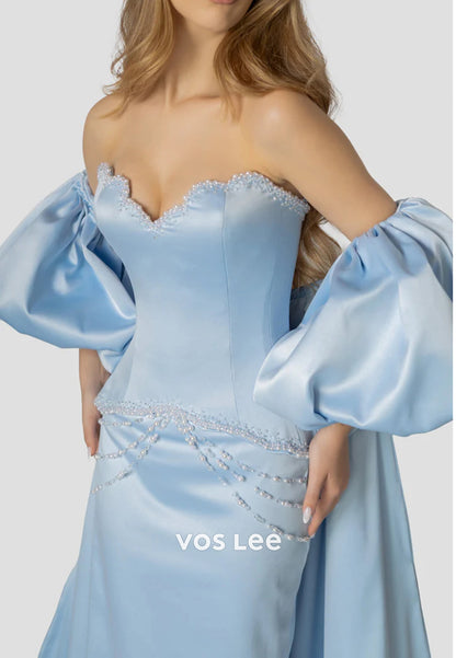 Short Sleeve Strapless Sweetheart Pearls Mermaid Evening Dresses with Court Train