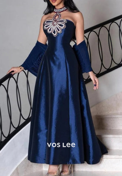 Glamorous & Dramatic A-Line Pearls Floral Halter Tea-Length Evening Dresses