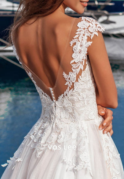 Classic & Timeless A-Line Cap Sleeves V Neck Appliques Lace Pleated Wedding Dresses