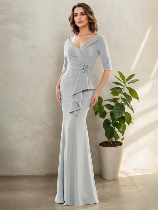 Half Sleeves V-Neck Silver Beading Mother Of The Bride Dress