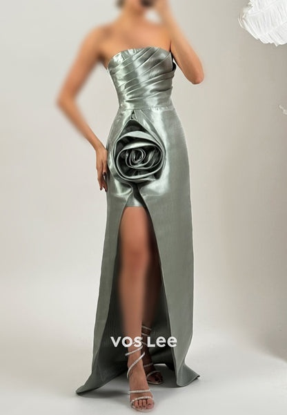 Sparkling Strapless Pleated Flowers Floor-Length Sheath Prom Dresses with High Split