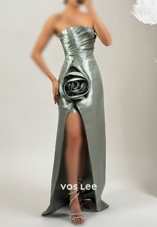 Sparkling Strapless Pleated Flowers Floor-Length Sheath Prom Dresses with High Split