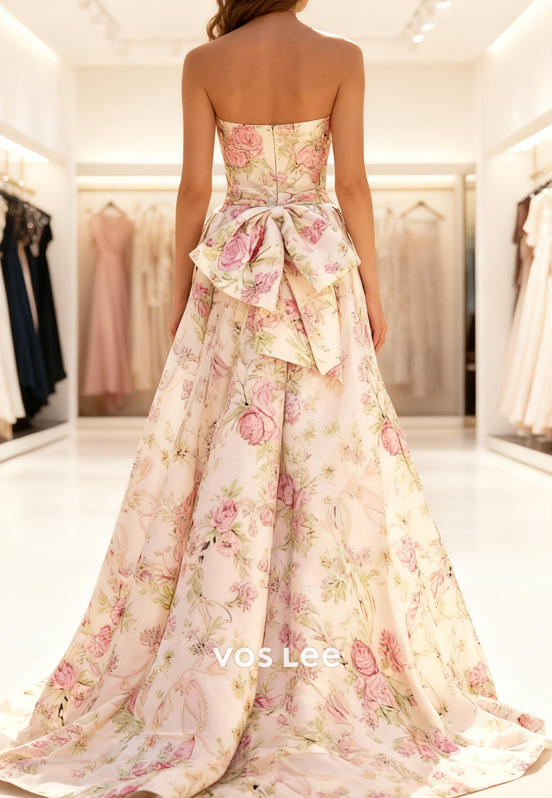 Flower Print Sweetheart A-line Long Prom Dresse With Bow