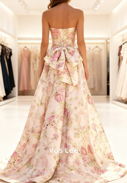 Flower Print Sweetheart A-line Long Prom Dresse With Bow