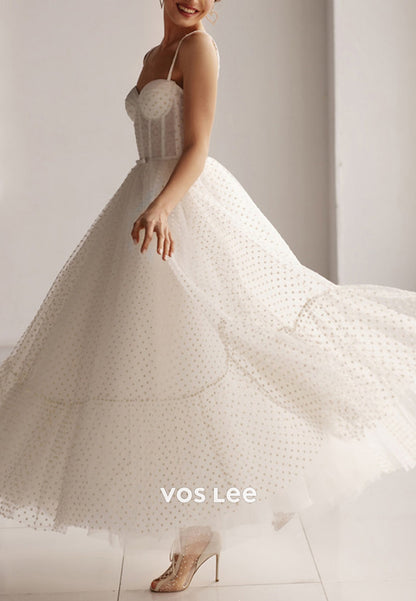 A-Line Spaghetti Straps Sweetheart Tulle Ankle-Length Pleated Wedding Dresses