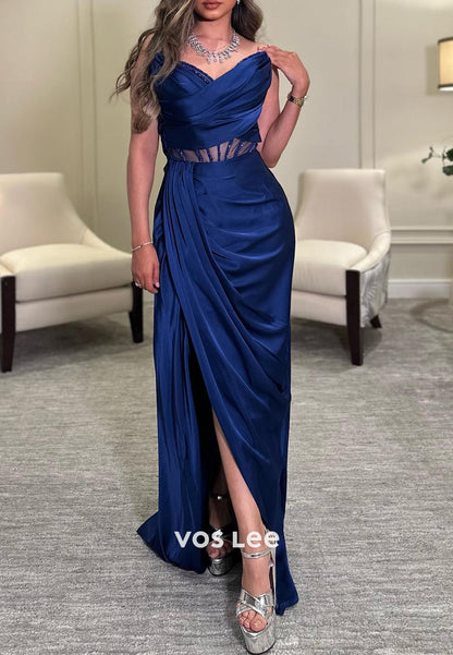 V Neck Illusion Rhinestone Floor-Length Sheath Evening Dresses Party Dresses with Side Split