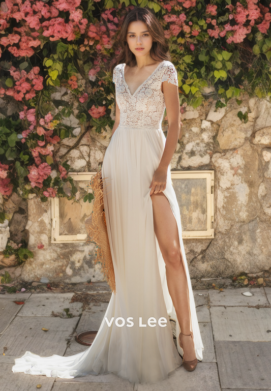 A-Line V-Neck Short Sleeves Chiffon Wedding Dress with High Slit and Appliques