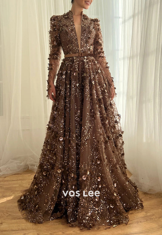 A-Line Long Sleeve V Neck Appliques Lace Floor-Length Prom Dresses