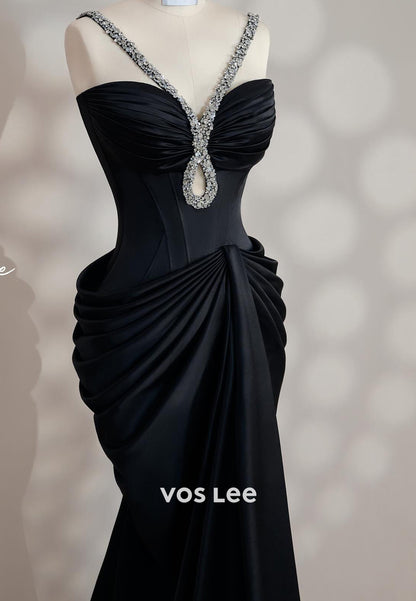 Simple A-Line Rhinestone Spaghetti Straps Pleated Evening Dresses with Court Train