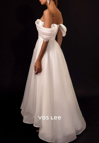 Classic & Timeless A-Line Off the Shoulder Pleated High Low Wedding Dresses