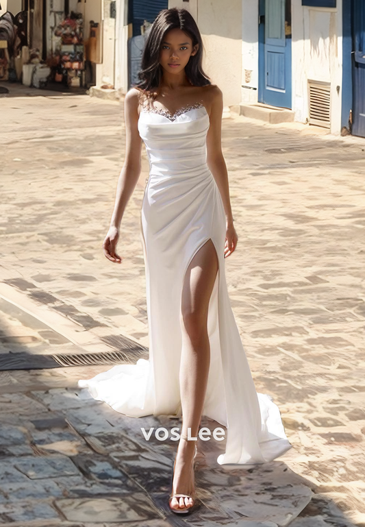 A-Line V-Neck Beaded Satin Wedding Dress with High Slit