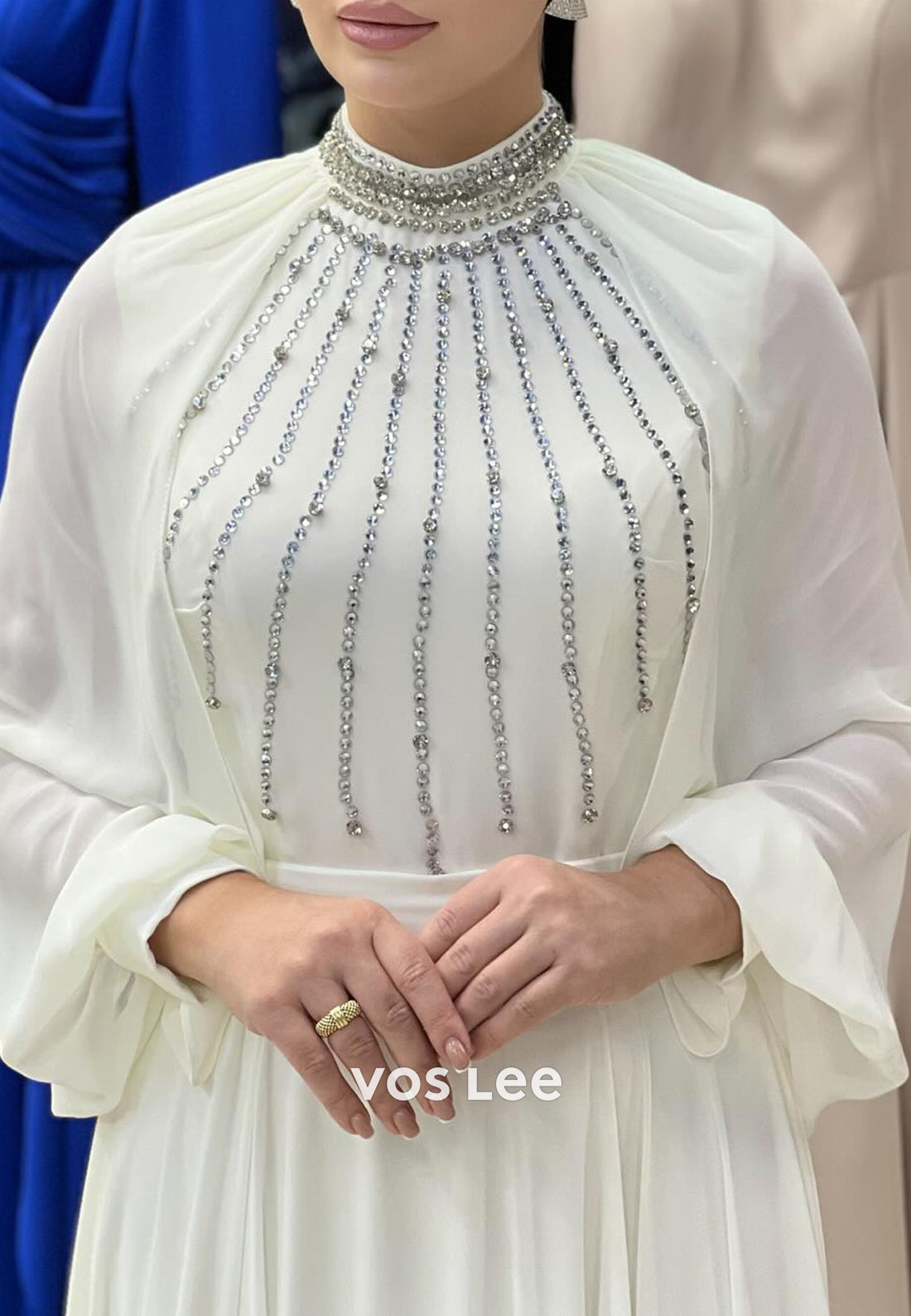 A-Line Long Sleeves High Neck Rhinestone Embellished Pleated Evening Dresses