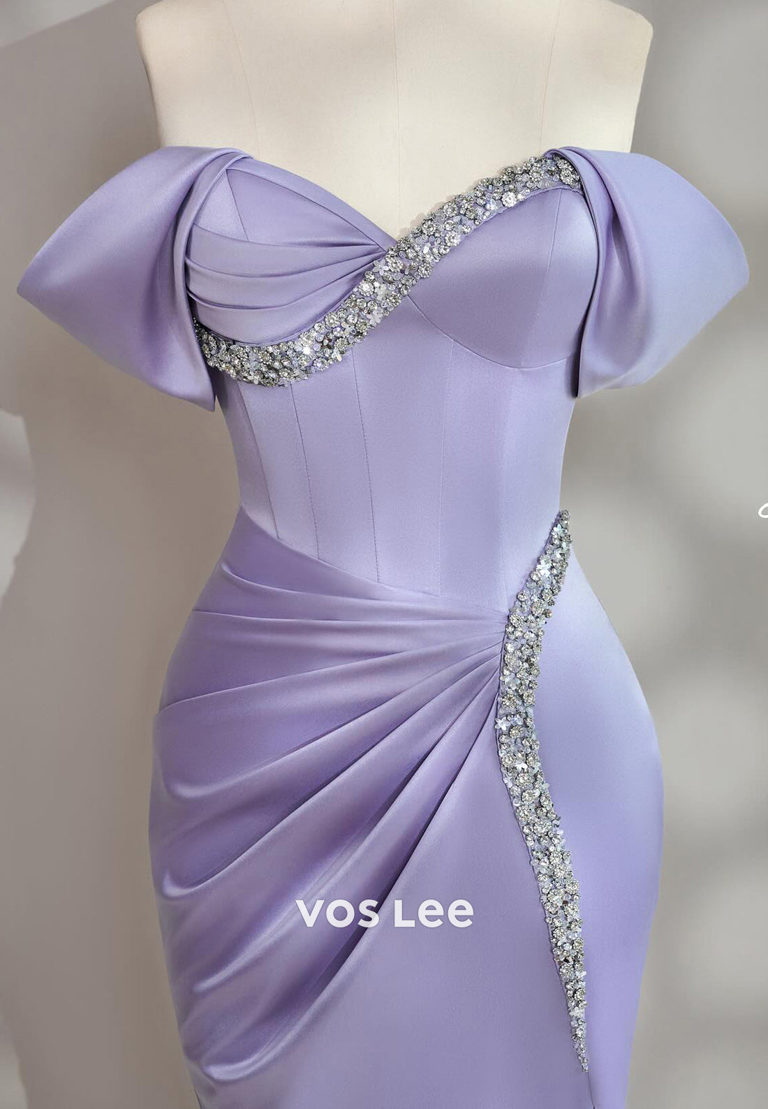 Off the Shoulder Pleated Rhinestone Classic Mermaid Evening Dresses with High Slit