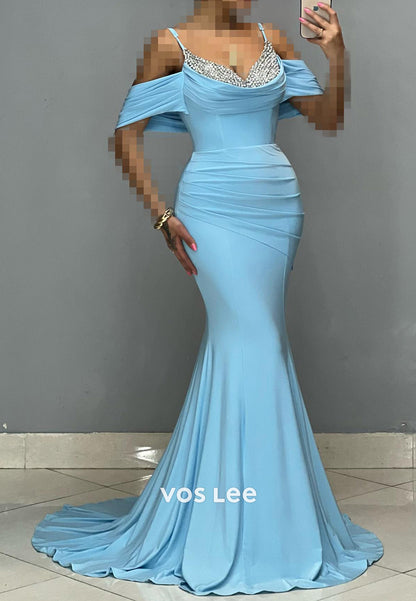 Off the Shoulder Spaghetti Straps Rhinestone Mermaid Evening Dresses with Sweep Train