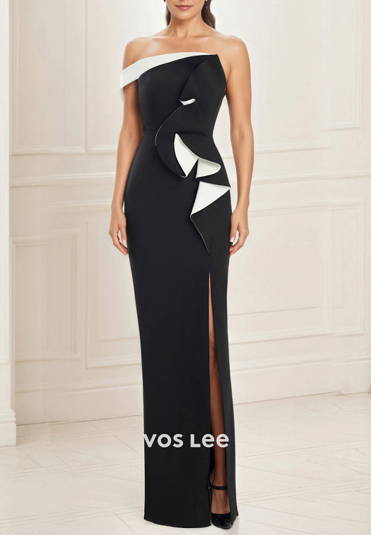 One Shoulder Floor-Length Pleated Mermaid Mother of Bride Dresses with High Split