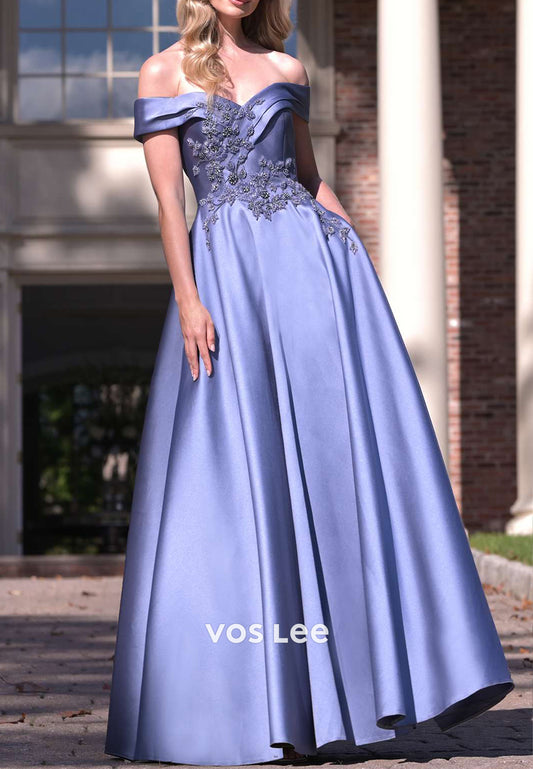 Classic A-Line Off the Shoulder Beaded Floor-Length Mother of Bride Dresses