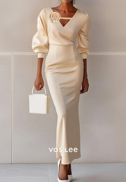 Elegant Long Sleeve V Neck Flowers Pleated Ankle-Length Sheath Wedding Guest Dresses