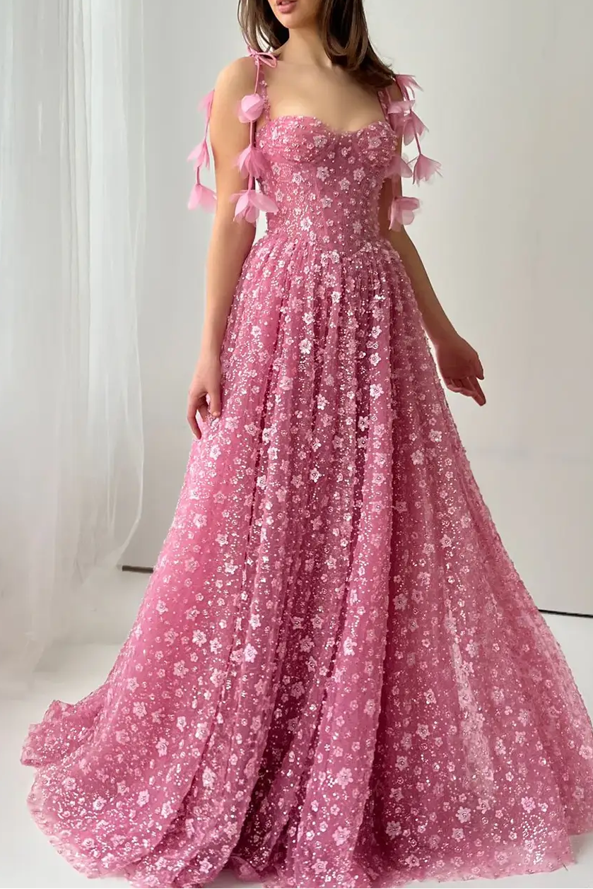 Delicate Pink 3D Floral Spaghetti Evening Dress