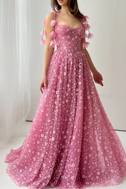 Delicate Pink 3D Floral Spaghetti Evening Dress