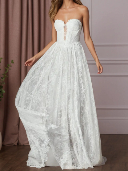 White A-Line Sweetheart Sleeveless Lace Wedding Dress