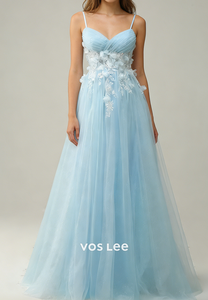 Spaghetti Straps A Line Blue Tulle Long Prom Dresses With Flowers Appliques