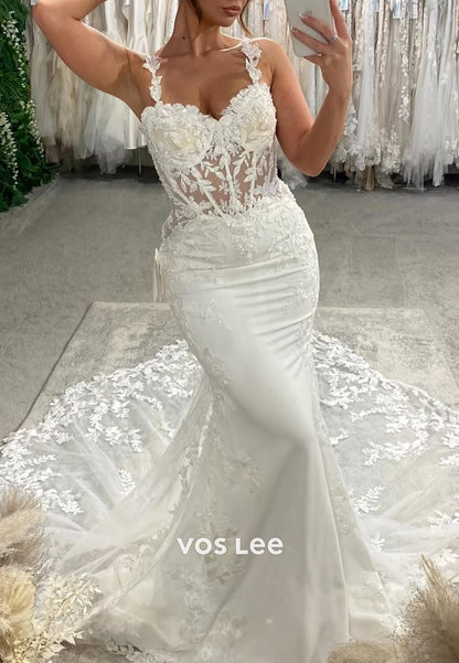 Flowers Spaghetti Straps Sweetheart Appliques Lace Mermaid Wedding Dresses