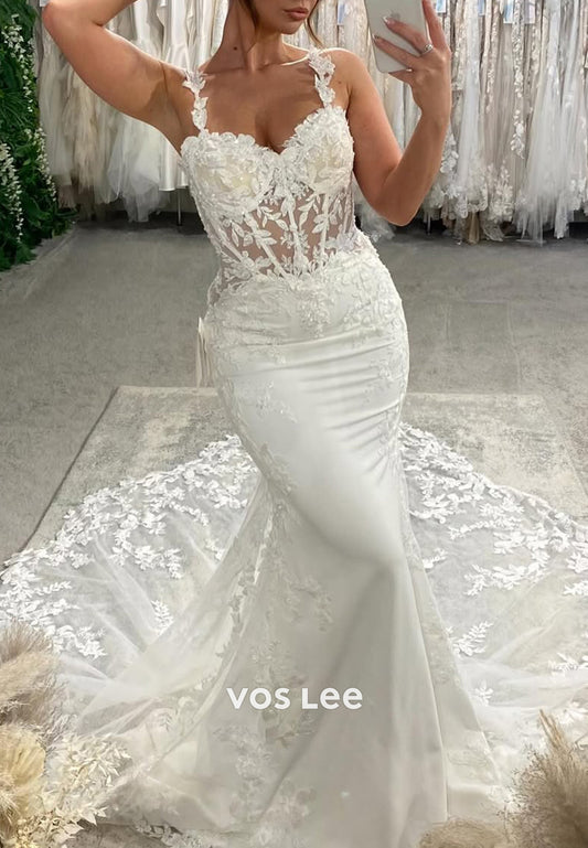 Flowers Spaghetti Straps Sweetheart Appliques Lace Mermaid Wedding Dresses