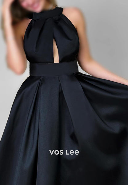 Couture & Ornate  A-Line Halter Pleated Floor-Length Evening Dresses Maxi Dresses