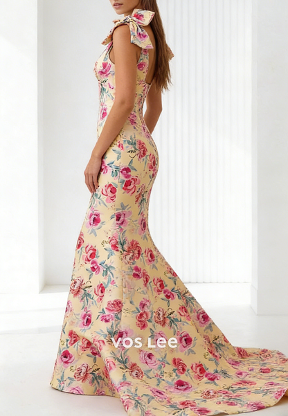 V-Neck Mermaid Floral Jacquard Prom Dresses With Bows