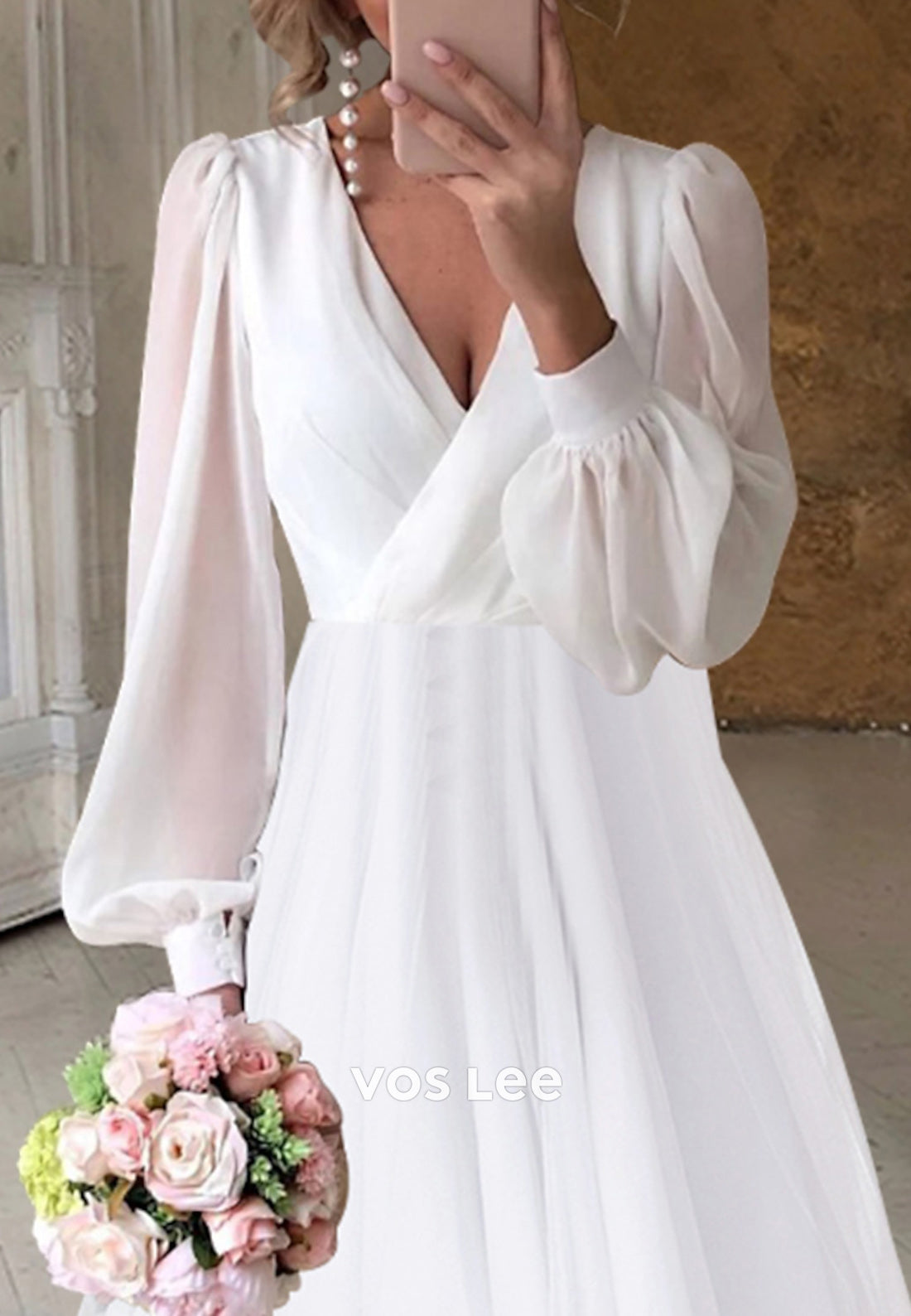 Couture & Ornate High Low A-Line Long Sleeve V Neck Pleated Wedding Dresses