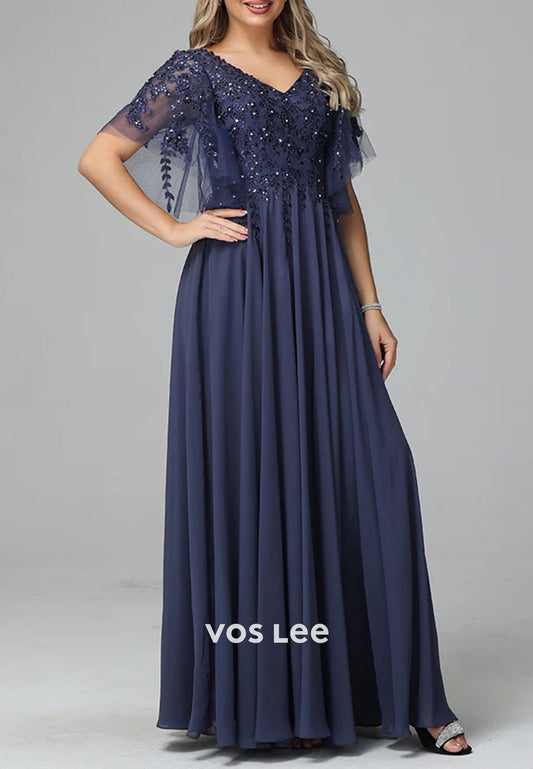 A-Line V Neck Beading Appliques Lace Floor-Length Pleated Mother of Bride Dresses