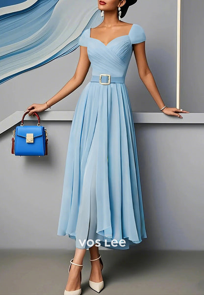 Chiffon A-Line Sweetheart Cap Sleeves Pleated Tea-Length Wedding Guest Dresses