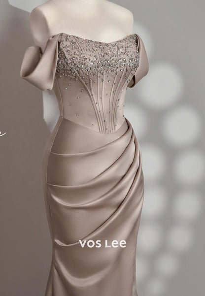 Off the Shoulder Pleated Rhinestone Mermaid Evening Dresses with Sweep Train