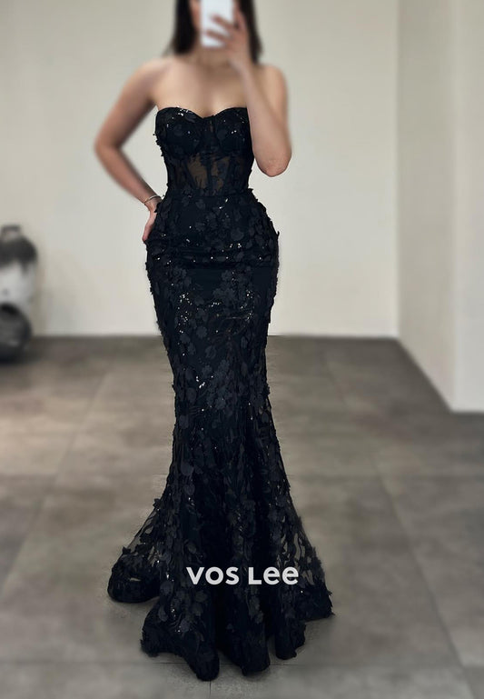 Strapless Sweetheart Fully Sequined Appliques Lace Floor-Length Mermaid Evening Dresses