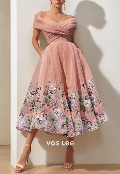 A-Line Sleeveless Off the Shoulder Floral Embellished Tea-Length Evening Dresses